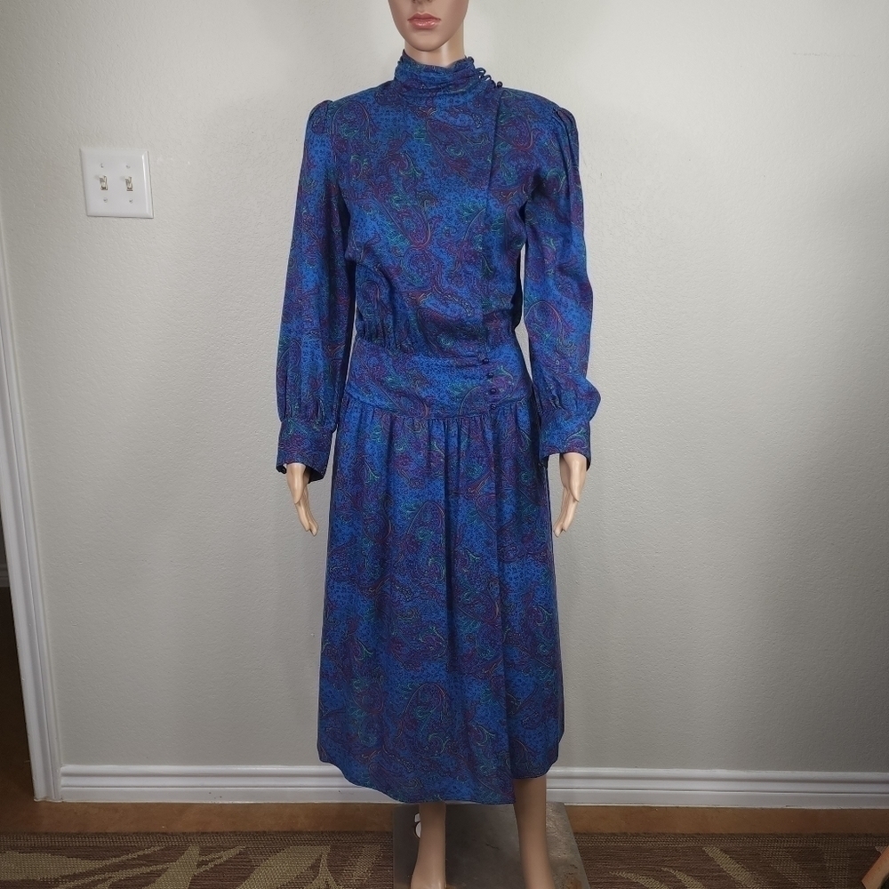 Vintage Patty O'Neil Blue Paisley Cottagecore  Midi Dress Size 6